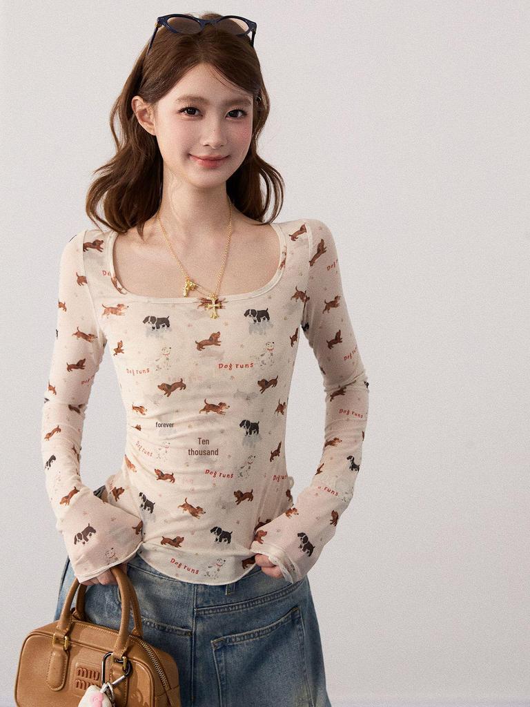 Puppy Print Slim Fit Backless U-Neck Long Sleeve Top - Women's Korean Style Waist-Defining Short T-Shirt for Spring, Autumn, Winter