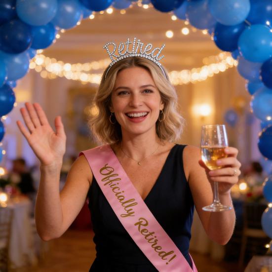 2 st/set pensionsfestskärp tiara-kit roséguld pensionskrona satinbälte med sidokammar festtillbehör