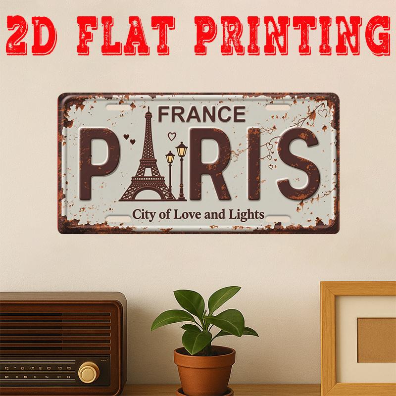 

France Paris City of Love and Lights Eiffel Tower D Flat Printing License Plate Style Metal Tin Sign Iconic French City Them 15x30cm(5.9x7.8inch)