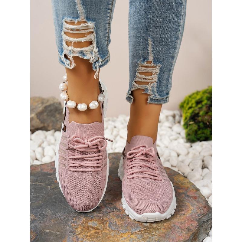 Women's Breathable Knit Mesh Casual Sports Shoes, Round-Toe Wave-Sole Leopard-Print Style, Available In Large Sizes.