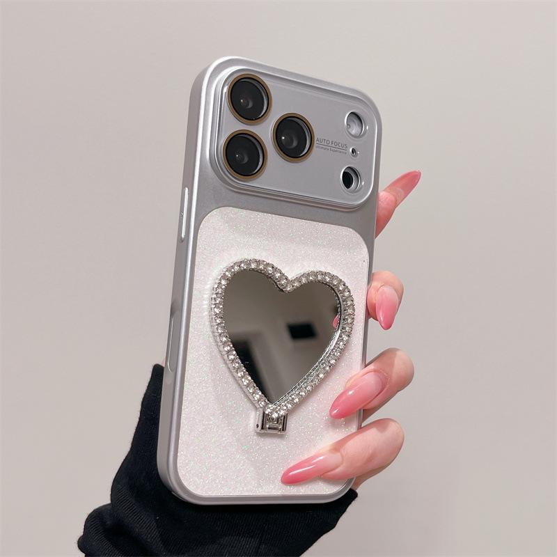 Glitter Heart Mirror Stand Case for iPhone 13/14/15/16/17 Pro Max