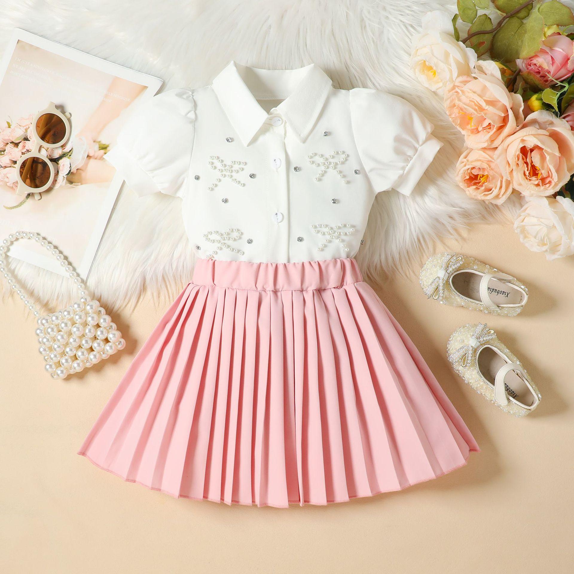 Children s Fashion Set: Summer Girls Bow-Tie Beaded Puff-Sleeve Top and Pleated Skirt Set 100cm