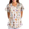 Plus Size Printed Scrub Working Uniform Tops For Women's Cross V-Neck Halloween Print Short Sleeve Fun T-Shirts Workwear Tee With Pockets