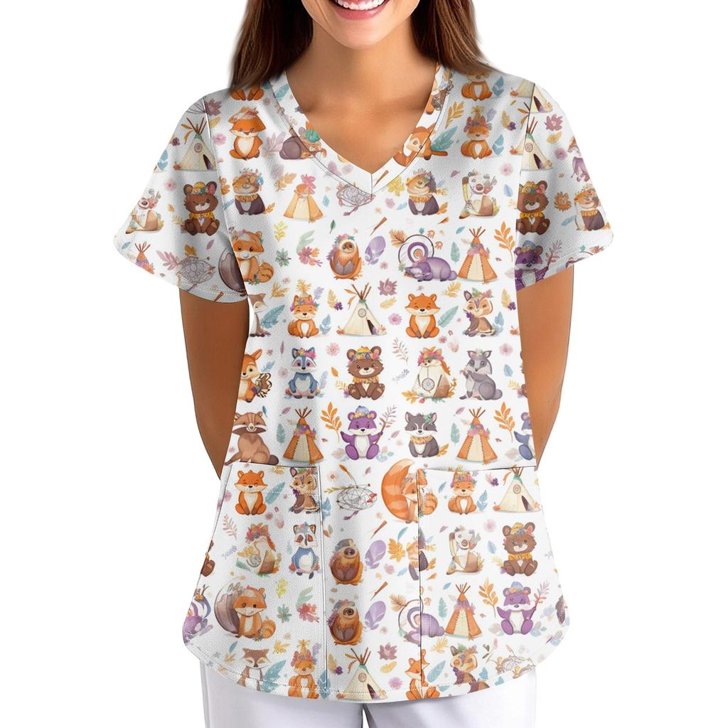 Plus Size Printed Scrub Working Uniform Tops For Women's Cross V-Neck Halloween Print Short Sleeve Fun T-Shirts Workwear Tee With Pockets