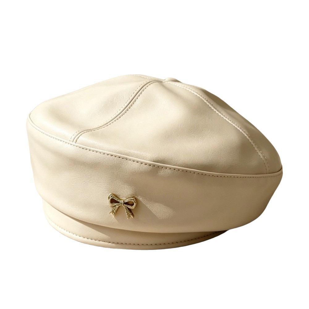 Bow Octagonal Hat Solid Color Painter Hat Fashion PU Leather Beret Ladies