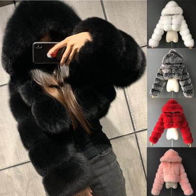 Women Short Faux Hooded Warm Furry Splicing Jacket Long  Sleeve Outerwear