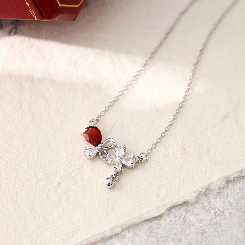 Natural crystal stone s925 sterling silver necklace women's light luxury garnet olivine butterfly love flower niche collarbone chain