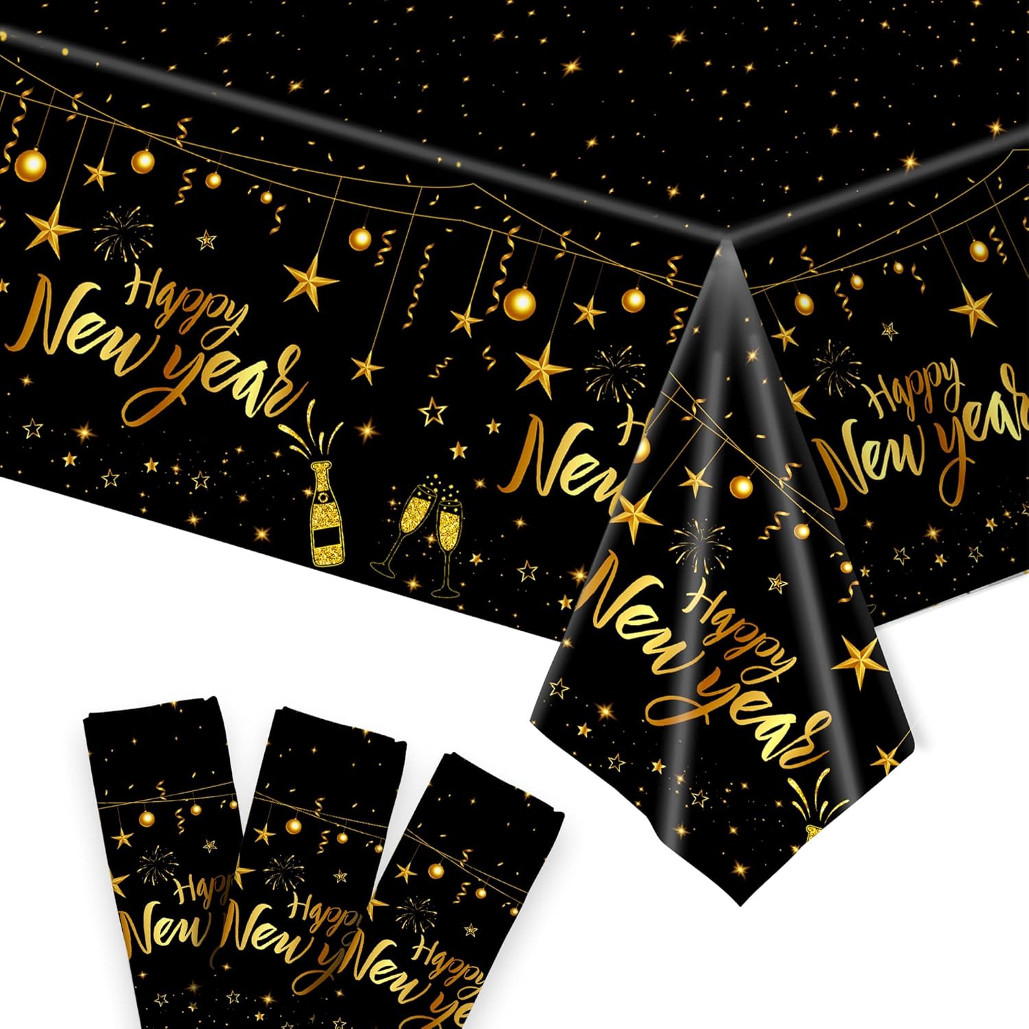 KatchOn, Happy New Year Tablecloth - 108x54 Inch, Pack of 3 | Happy New Years Decorations 2026 | Happy New Year Table Cloth 2026 | New Years Table Black and Gold