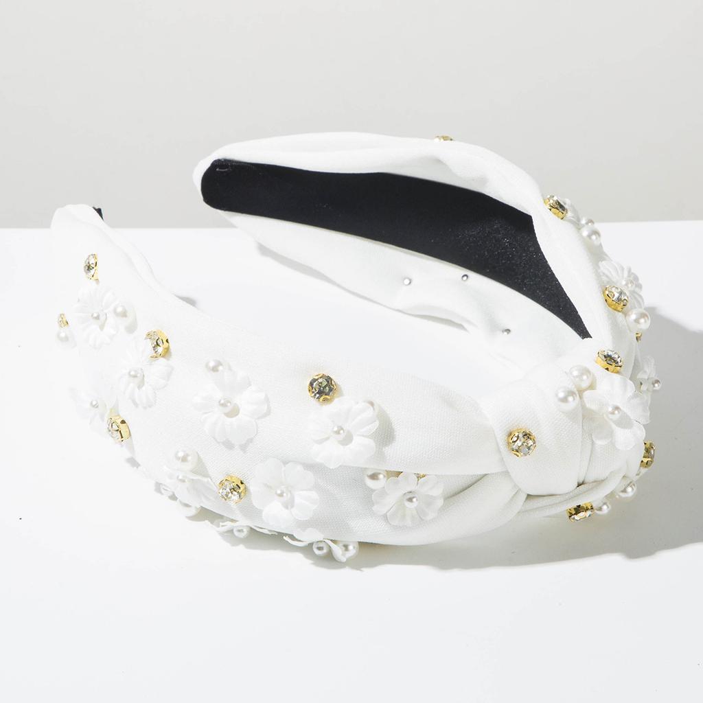 Stylish Solid Color Rhinestone Pearl Flower Wide-brimmed Knotted Headband for Women, Fresh, Sweet and Versatile Outerwear Accessory.