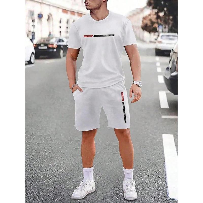 Hot selling summer American letter printed men's breathable round neck T-shirt shorts set outdoor street fashion two-piece set