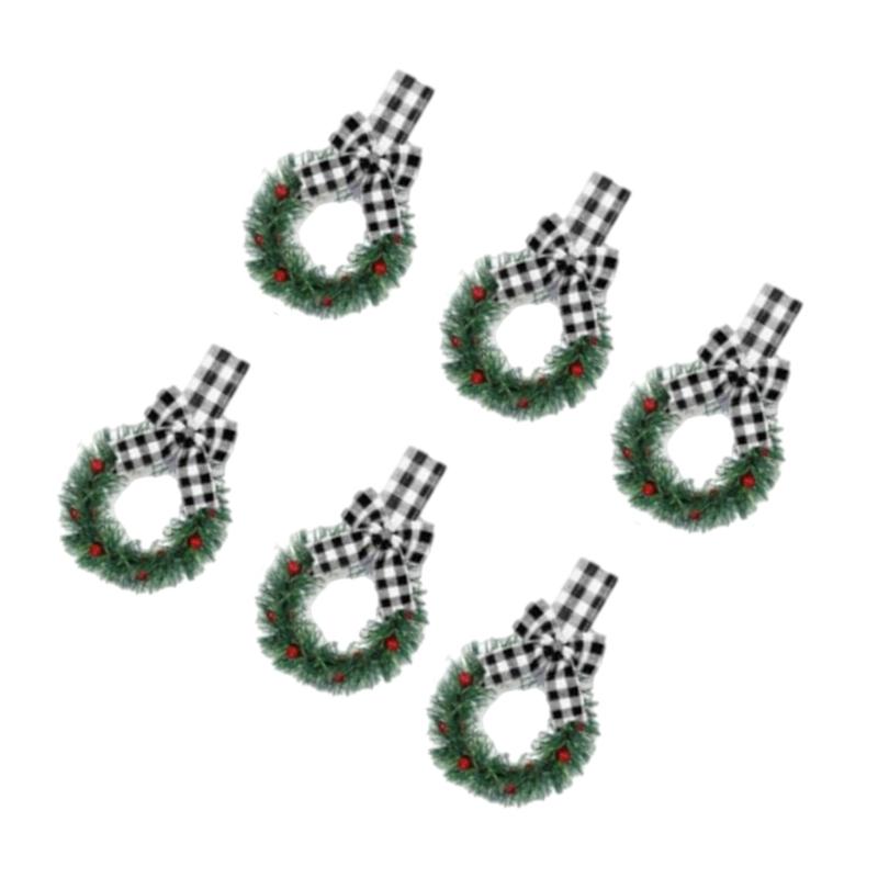 6Pcs Artificial Wreath 13cm Small Christmas Wreaths Ribbon Bows Wreath for Front Door Kitchen Cabinets Wall Window