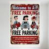 Vintage Rustic Metal Tin Sign Free Parking with Cartoon Characters Retro Whimsical Art Home Decor for Bar Cafe Club Man Cave