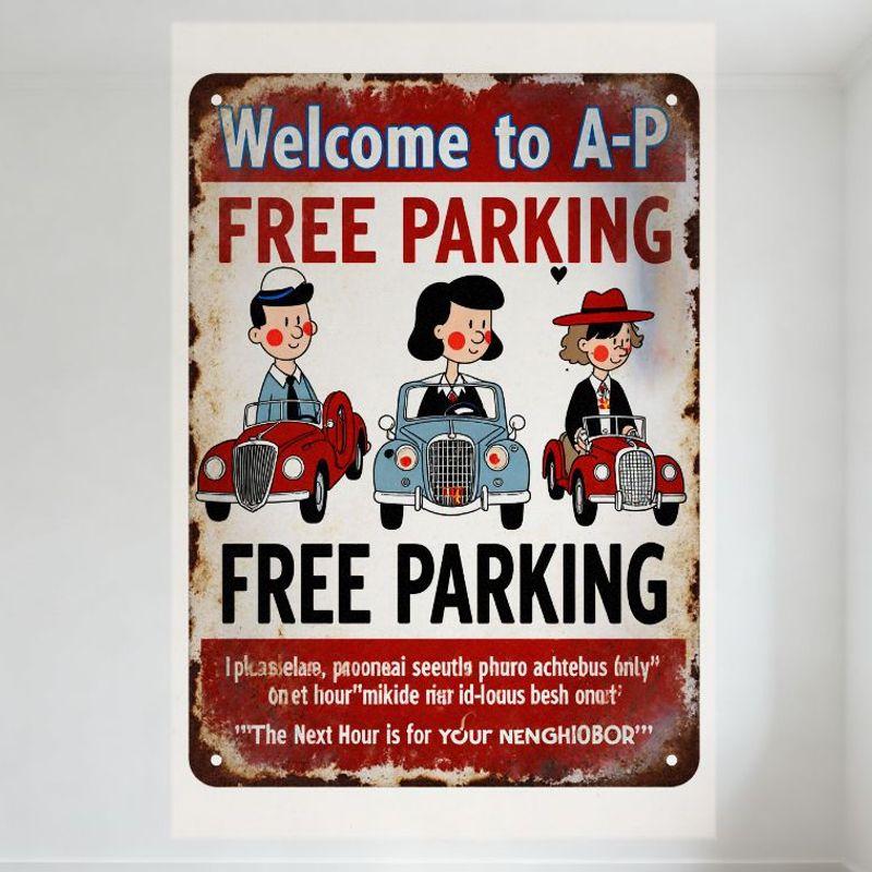 

Vintage Rustic Metal Tin Sign Free Parking with Cartoon Characters Retro Whimsical Art Home Decor for Bar Cafe Club Man Cave 20x30cm（7.8x11.8inch）