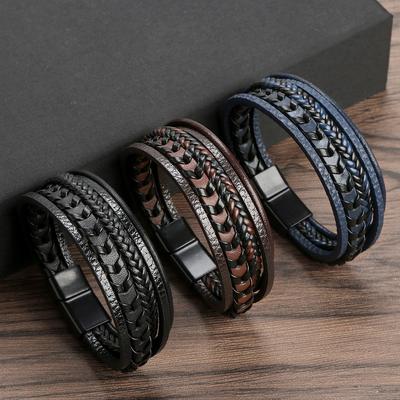 Classic Fashion Men Stainless Steel Leather Bracelet Magnet Buckle Rivet Leather Bracelet for Men Jewelry