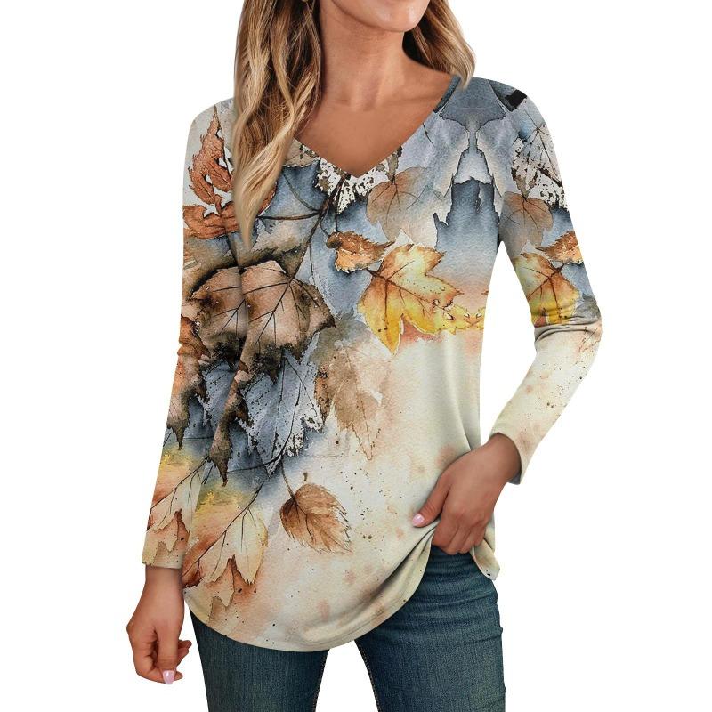 Damen Langarmshirts V-Ausschnitt Casual Blumendruck Basic Trendy T-Shirt Blusen Herbst Tunika Outfits Taillierte T-Shirts Damen