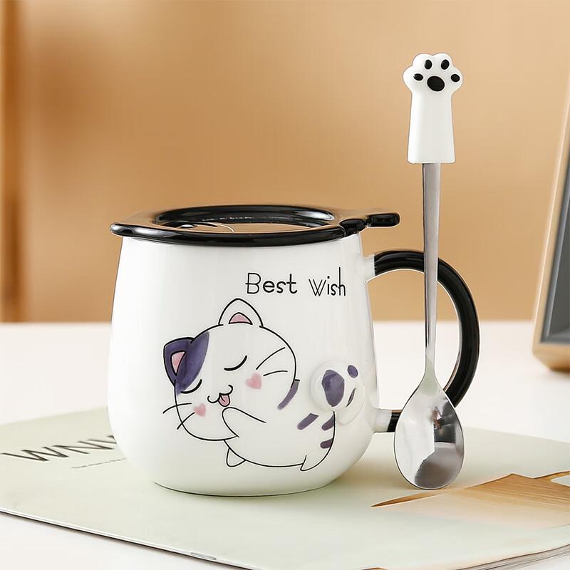 Cute Cartoon Cat Ceramic Mug with Lid & Spoon