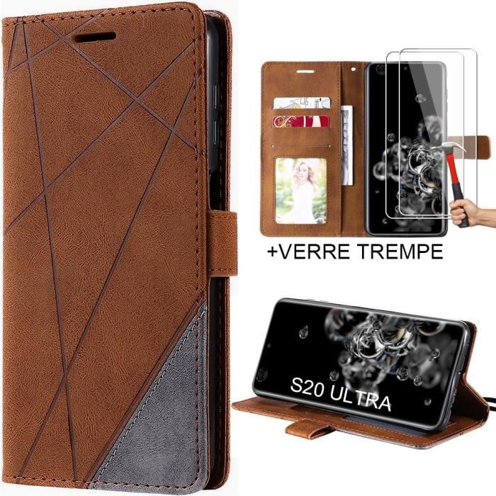 Set of 2 Tempered Glasses+ Case for Samsung S20 Ultra Full Coverage Synthetic Leather Brown