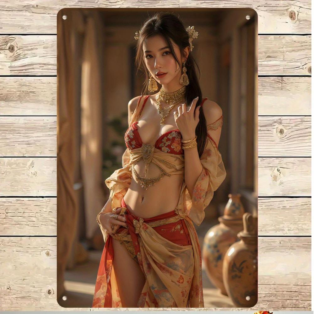 

HD Metal Tin Sign Exotic Asian Woman in Traditional Red Gold Floral Outfit with Ornate Jewelry Posing in Vintage Room Vintage 20x30cm（7.8x11.8inch）
