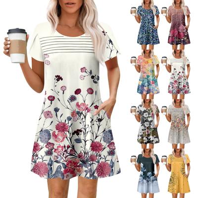 Robes d'été décontractées à col rond et plissées pour femmes, avec poches, imprimées et à manches courtes