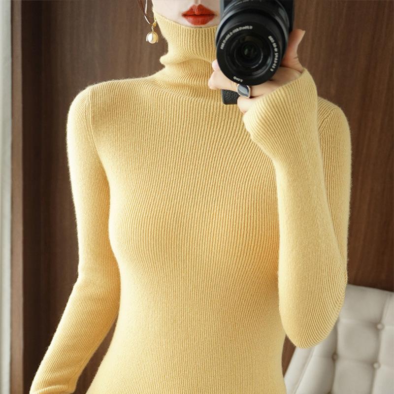Autumn Winter Wool Sweater Women Turtleneck Solid Elastic Slim Knitted Pullover Fashion All-match Elegant Comfort Casual Tops