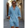 New-style Sports Shirt: Trendy Men’s Cotton-linen Hooded Plain-colour Long-sleeved Top and Shorts – Casual Beach and Holiday Set