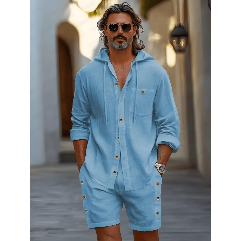 New-style Sports Shirt: Trendy Men’s Cotton-linen Hooded Plain-colour Long-sleeved Top and Shorts – Casual Beach and Holiday Set