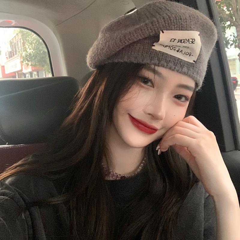 Porridge Cocoa Knitted Hat Woolen Hat Label Beret Women Autumn and Winter Versatile Warm Big Head Painter Hat
