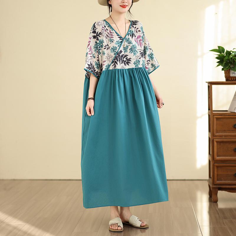 Short Sleeve Plus Size Cotton Vintage Floral Patchwork New In Dresses for Women Casual Loose Long Summer Dress