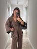 Women's Casual Set V-Neck One-Button Loose Long Sleeve Top High Waist Wide Leg Pants Two Piece Vintage Style Outfit