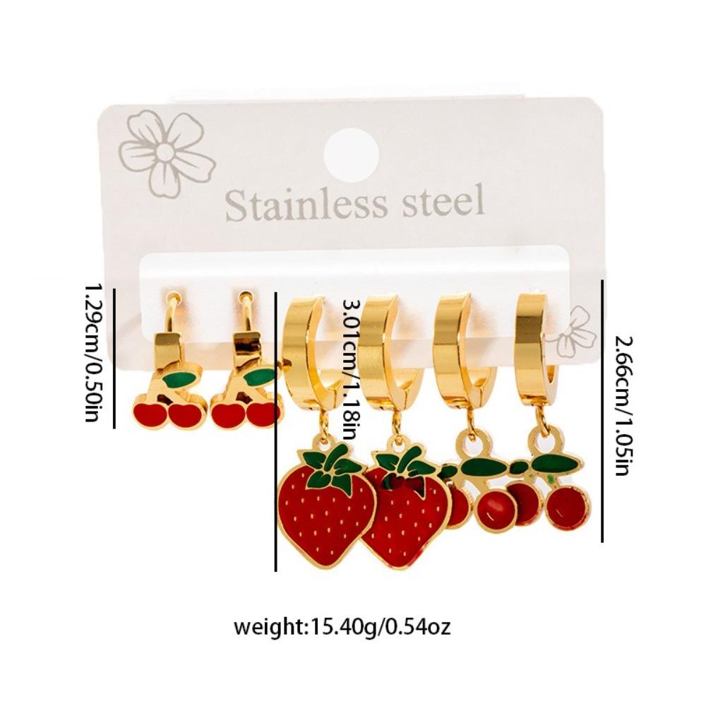 6Pcs Stainless Steel Cherry Strawberry Earrings Red Earrings Fashion Stud Earrings Women