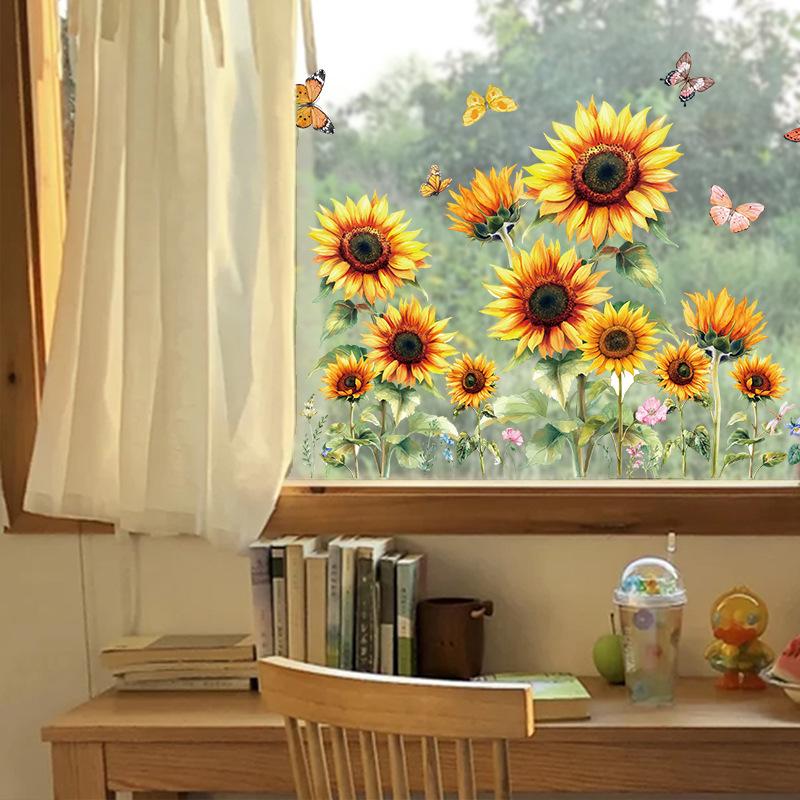 New plant flowers sunflowers butterflies electrostatic glass stickers window glass decoration glue-free and easy to tear