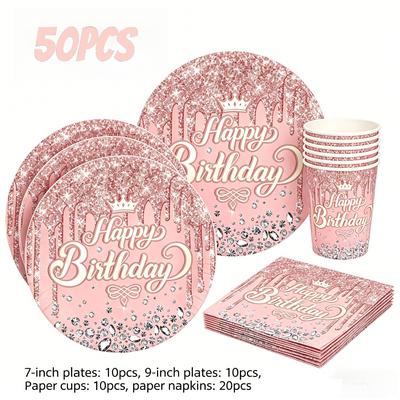 Lotus Pink Diamond Birthday Party Plate Napkins Balloon Decoration Girl's Birthday Crown Shoulder Strap Party Costume Props