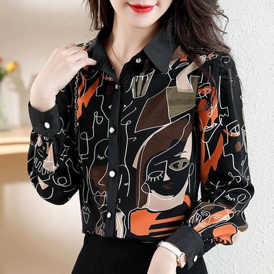 Fashion Printed Shirt  Spring Autumn Commute Single-breasted Casual Korean Polo-Neck Spliced Women's Clothing Loose Blouse