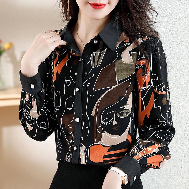 Fashion Printed Shirt  Spring Autumn Commute Single-breasted Casual Korean Polo-Neck Spliced Women's Clothing Loose Blouse