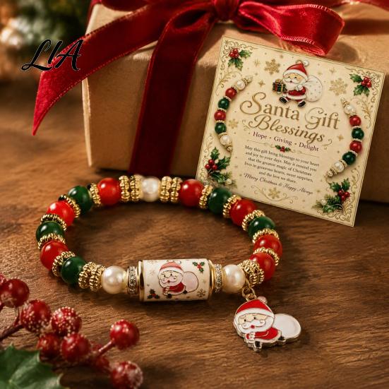 Commemorative Holiday Blessing Gift Christmas Bracelets for Women, Beaded Charm Stretch Bracelet with Elastic Pearl Wrist Jewelry Card, Stocking