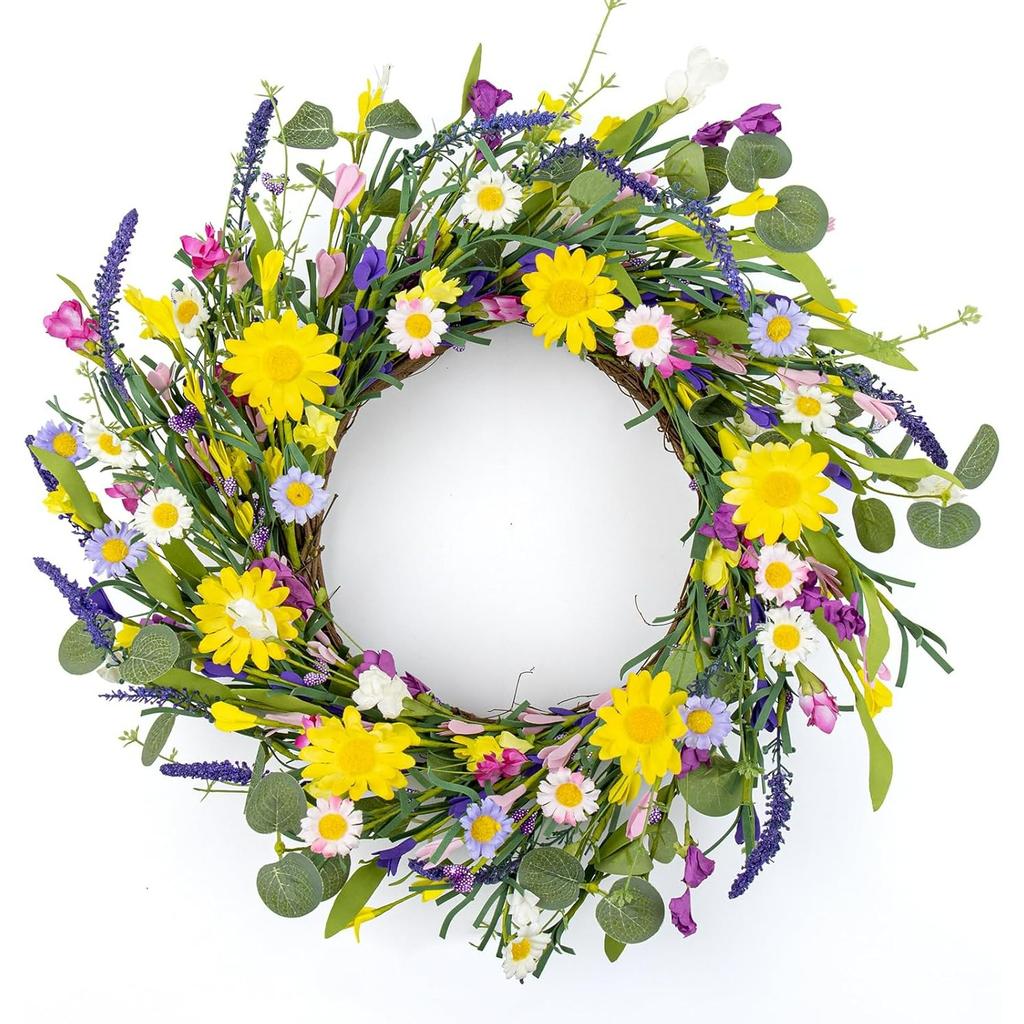 22 Inch Artificial Summer Wreath Daisy and Lavender Wreath with Wildflowers for Home Wall Farmhouse Springtime Easter Holiday Party