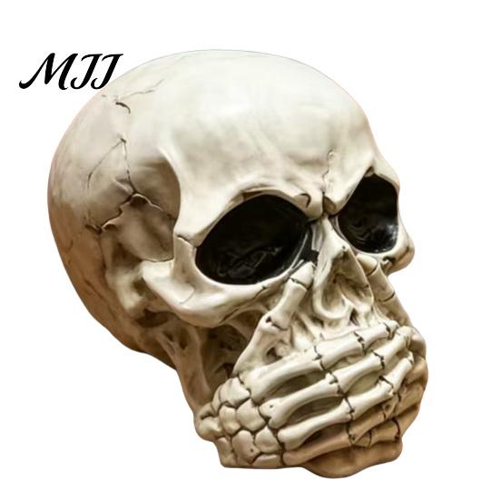 Halloween Skull Decor Figurine, Hear See Speak No Evil Skeleton Head Funny Sculpture Statue, Gothic Resin Home for Desk, Bookshelf, Mantel,