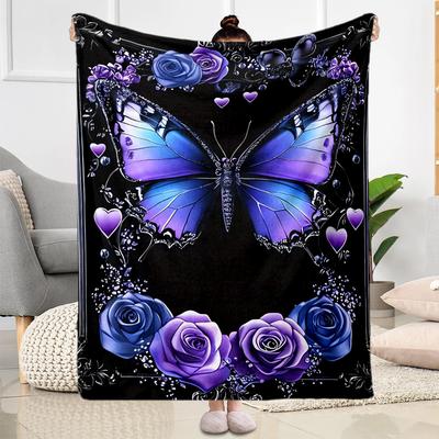1pc Butterfly and Roses Blanket Soft Comfortable Lightweight All Season Multi Purpose Blanket Travel Camping Picnics Sofa Office Bed Living Room Gift