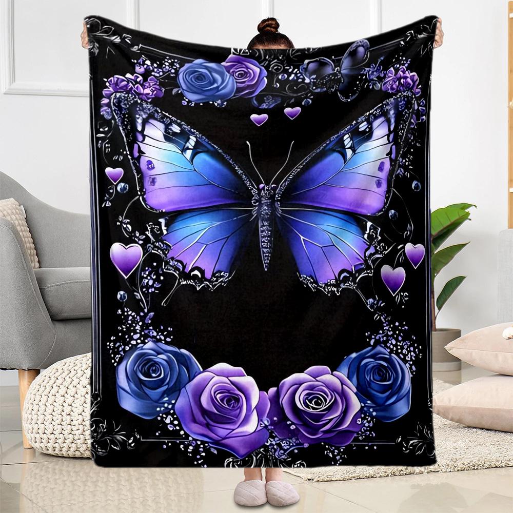 1pc Butterfly and Roses Blanket Soft Comfortable Lightweight All Season Multi Purpose Blanket Travel Camping Picnics Sofa Office Bed Living Room Gift