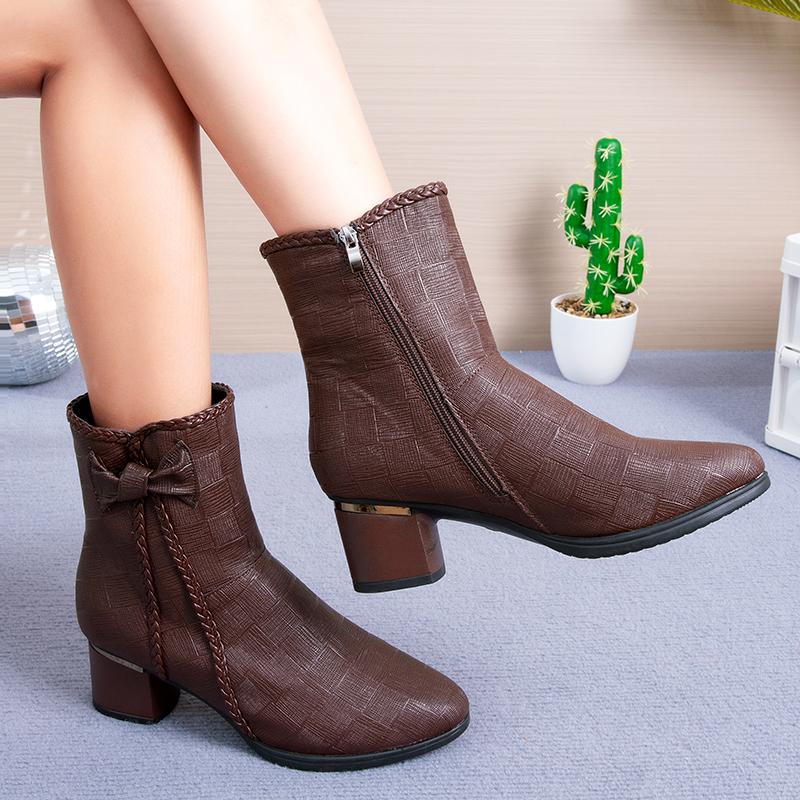 Fashion Women'S Boots Side Zipper Chunky Heel Ankle Boots Bow Pointed Toe Mid Heel Slimming Versatile Short Boots
