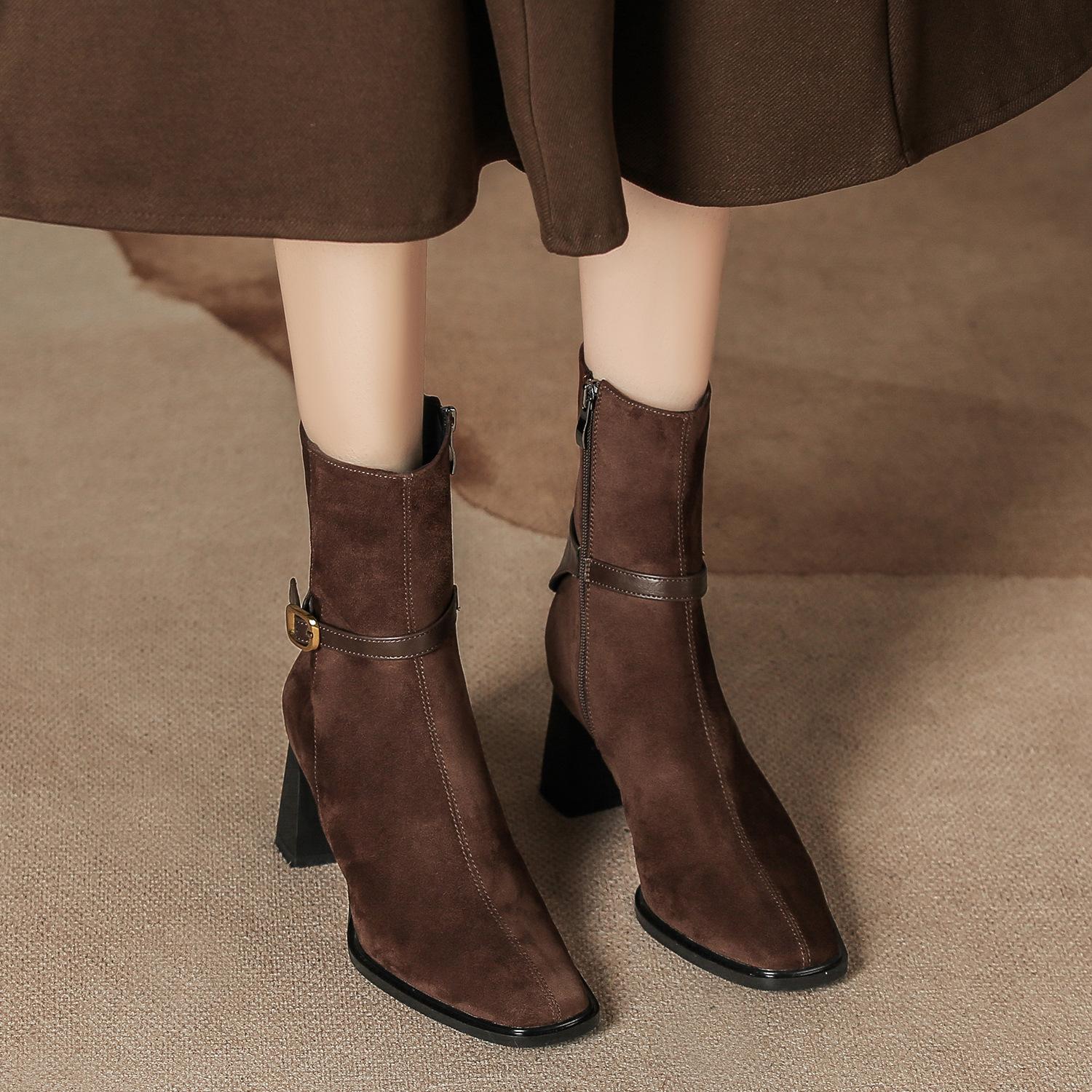 

Autumn and winter new suede short boots side zipper women s thick heel square head boots buckle retro thin women s boots Maillard brown 39