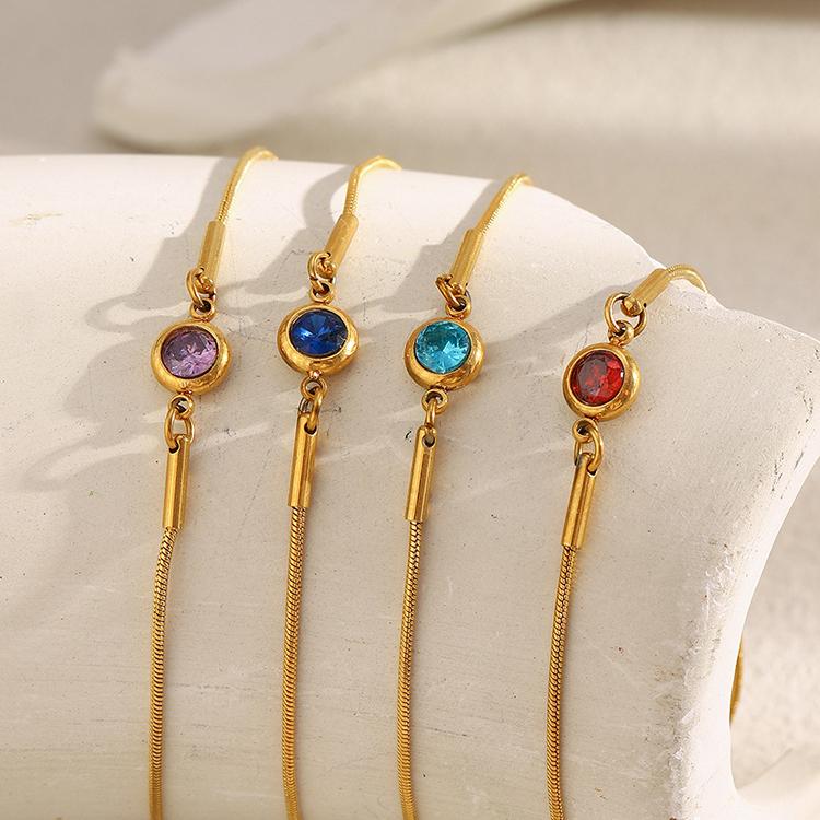 Hot Selling Fashion Design Bracelets Stainless Steel Snake Chain 18K Gold Plated Birth Stone Zircon Jewelry Adjustable Bracelet