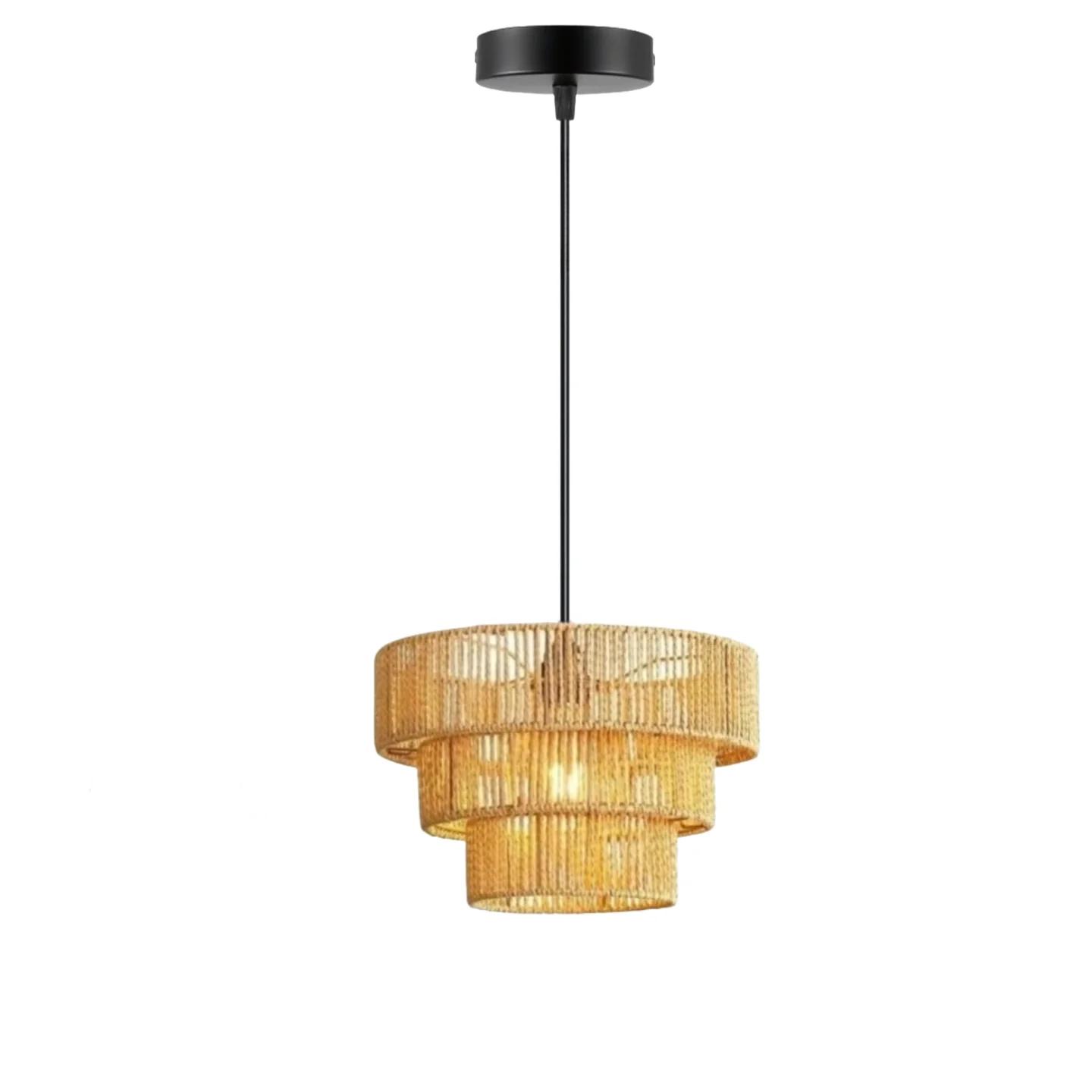 

3-Layer Rattan Woven Chandelier Boho Plug in Pendant Lamp with 15Ft Cord Dimmable Switch for Bedroom Kitchen Living Room Hallway Without E27 Bulb