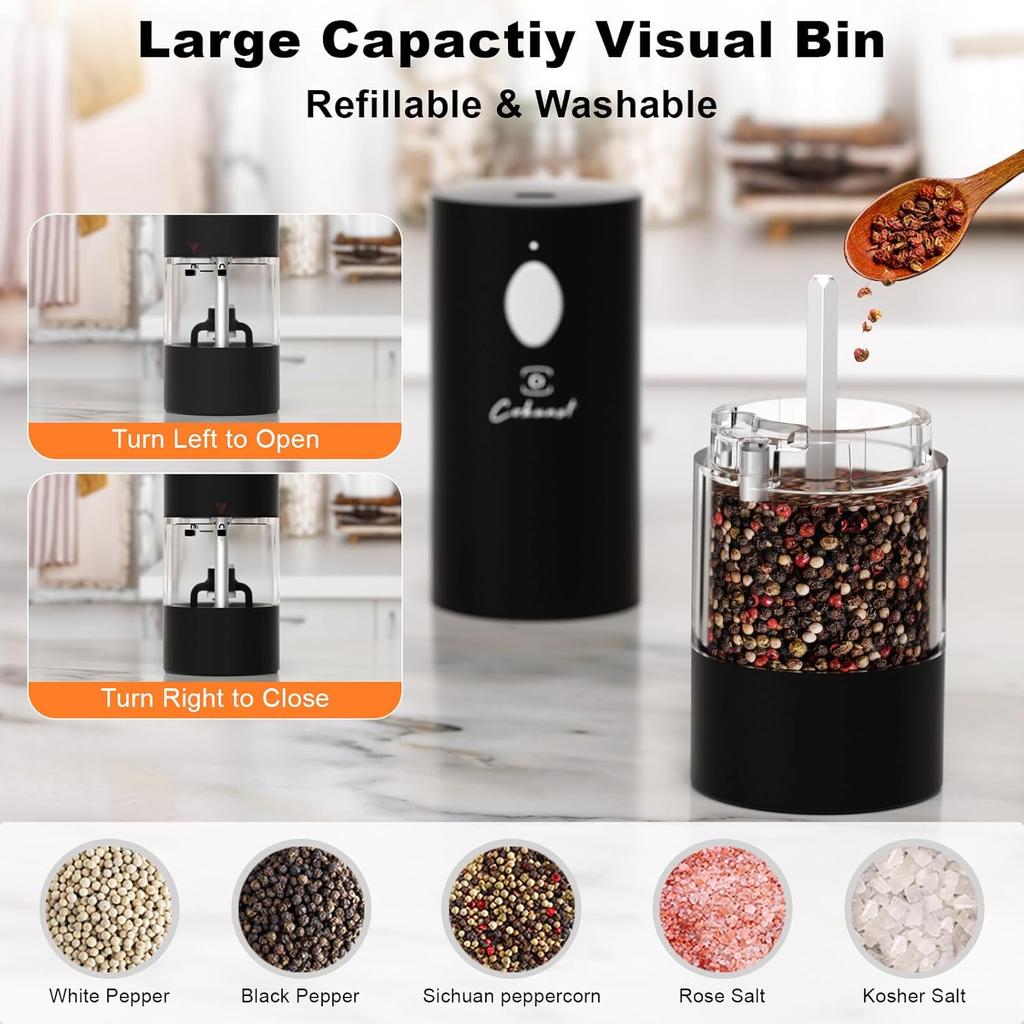 Electric Pepper or Salt Grinder, COKUNST USB Rechargeable Automatic Pepper Grinder with Visual Silo & LED Light, Black Pepper Grinder Mill Refillable