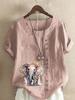 Women's Fashion Elephant Print Casual Cotton Linen Short Sleeve Round Neck T-shirt Shirt Leisure Loose Summer Blouse Tops
