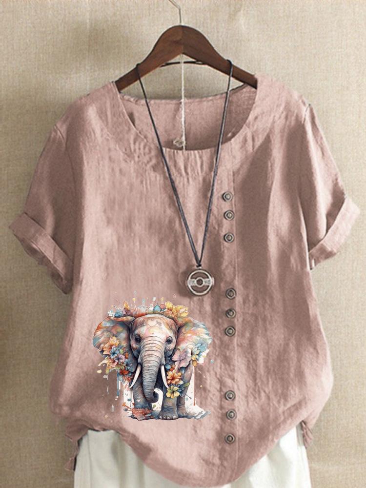 Women's Fashion Elephant Print Casual Cotton Linen Short Sleeve Round Neck T-shirt Shirt Leisure Loose Summer Blouse Tops