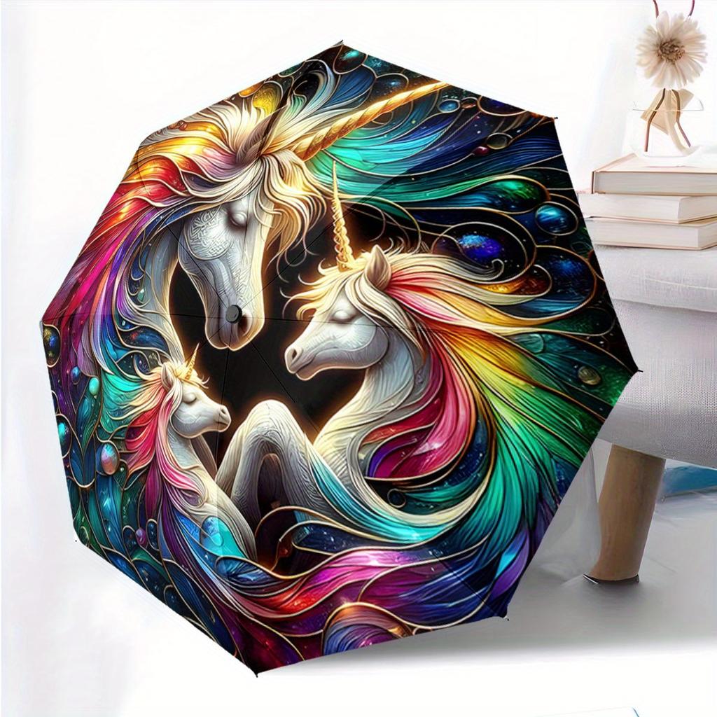 Automatic Folding Umbrella with Swirling Rainbow Unicorn Design - Vibrant Multicolor Artwork, Portable Collapsible for All Sea