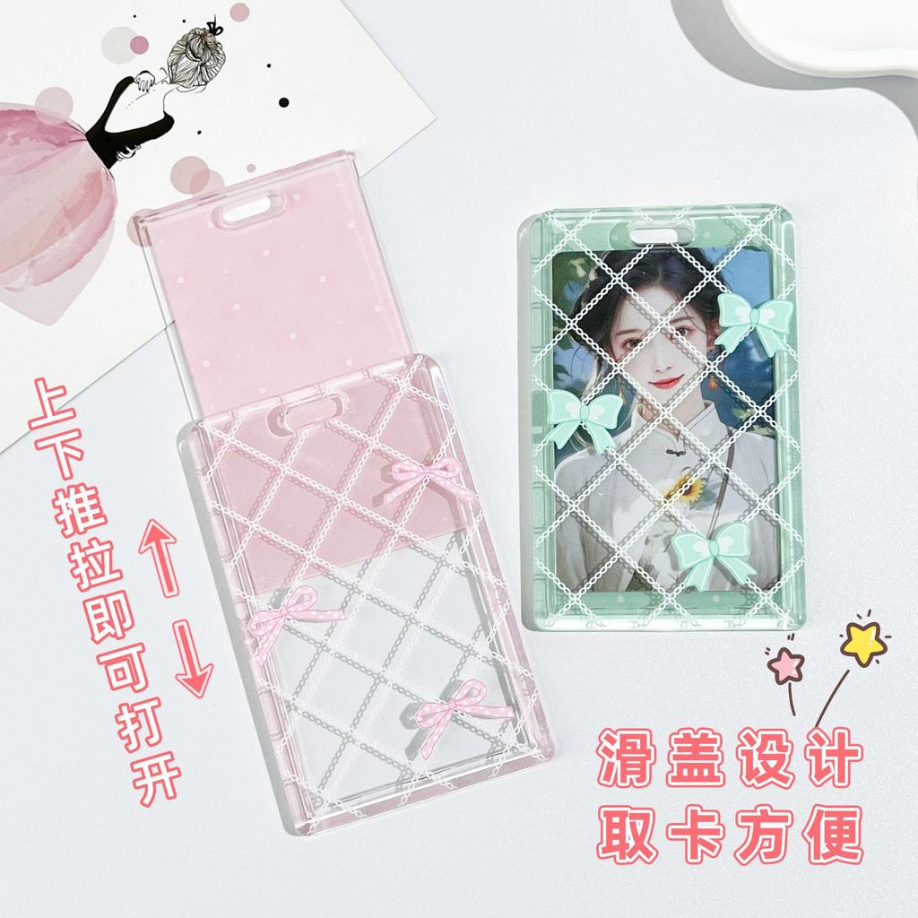 Ins Sliding Cover Card Holder Student Campus Card Holder Lanyard Anti Loss ID Holder Cards Case Bus Card Sleeve with Bow Pandent