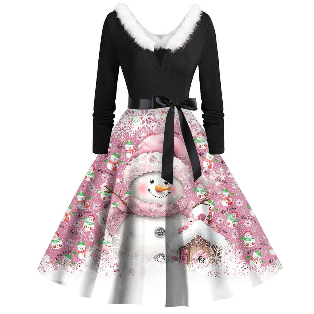 Christmas Print Flare Dress For Women Long Sleeve Dress Hollow Party Casual Dresses