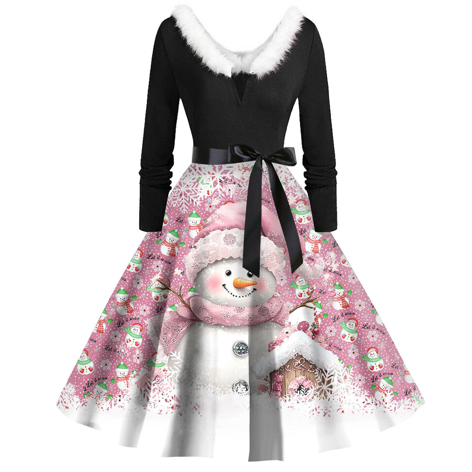 

Рождественский принт расклешенное платье для женщин платье с длинным рукавом полые вечерние повседневные платья S розовый